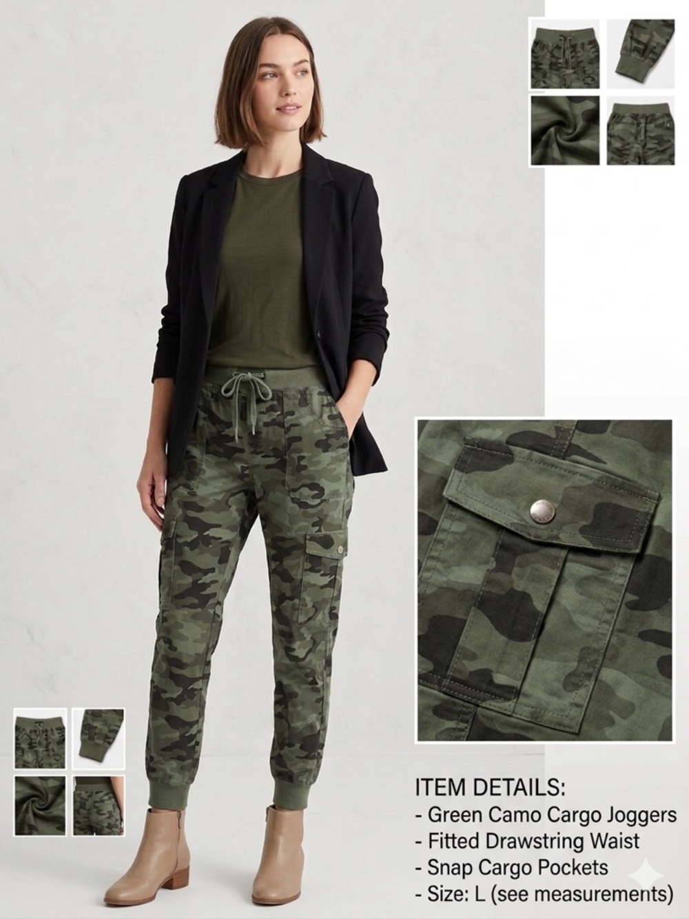 MOFIZ Charcoal Grey Black green Camo Jogger Pants Cargo Pockets Size L